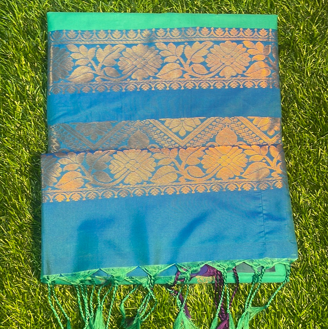 Kanjivaram Tissue Border Soft Silk Sarees (sea green and blue)