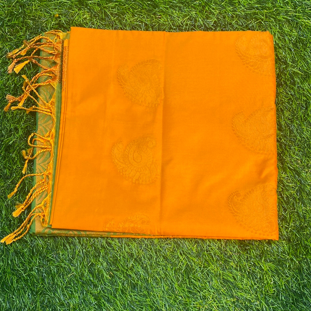 Kanjivaram Tissue Border Soft Silk Sarees (Orange and Green Colour)
