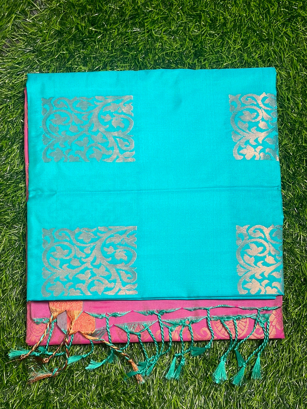 Kanjivaram Tissue Border Soft Silk Sarees : Sea Blue and Pink