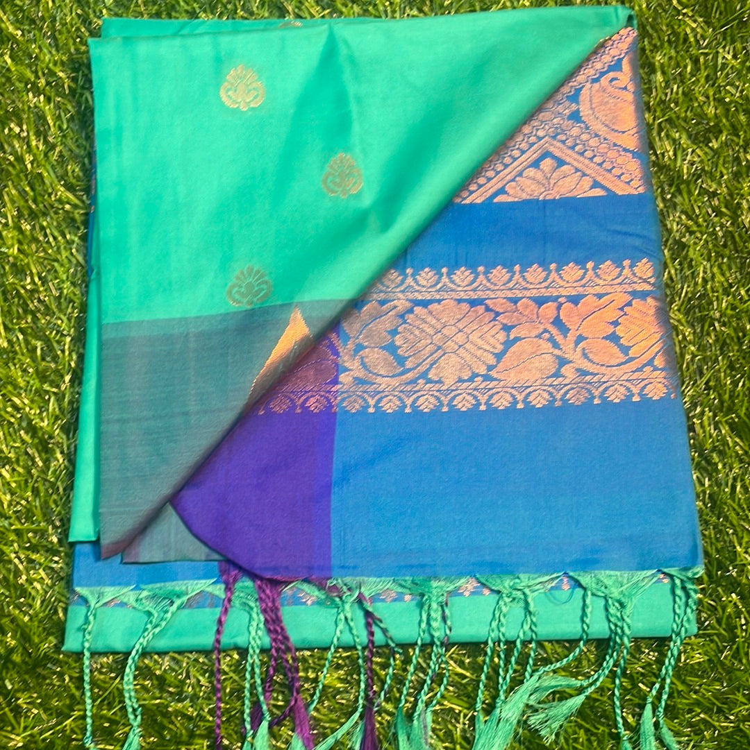 Kanjivaram Tissue Border Soft Silk Sarees (sea green and blue)