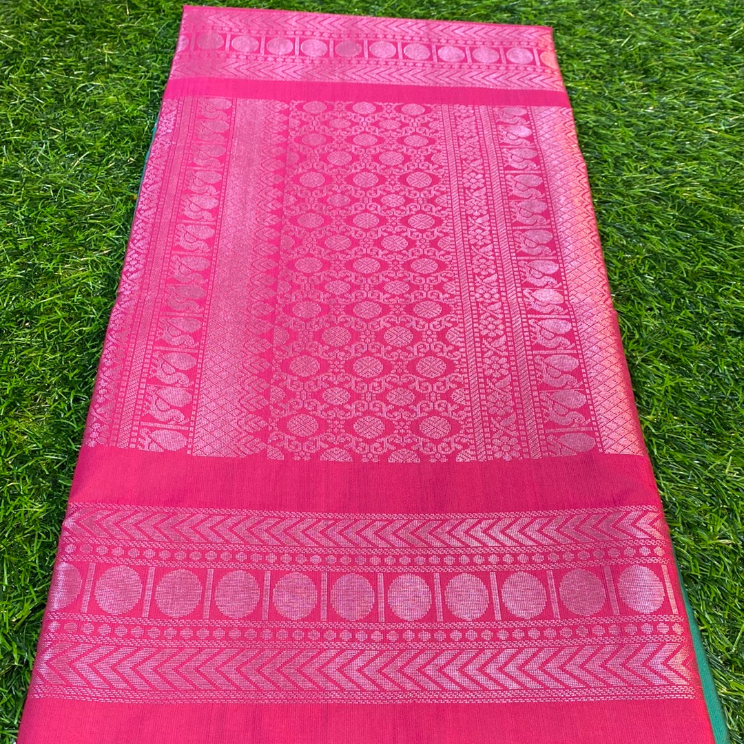 Kanjivaram Tissue Border Soft Silk Sarees (Pink and Sea Green Colour)