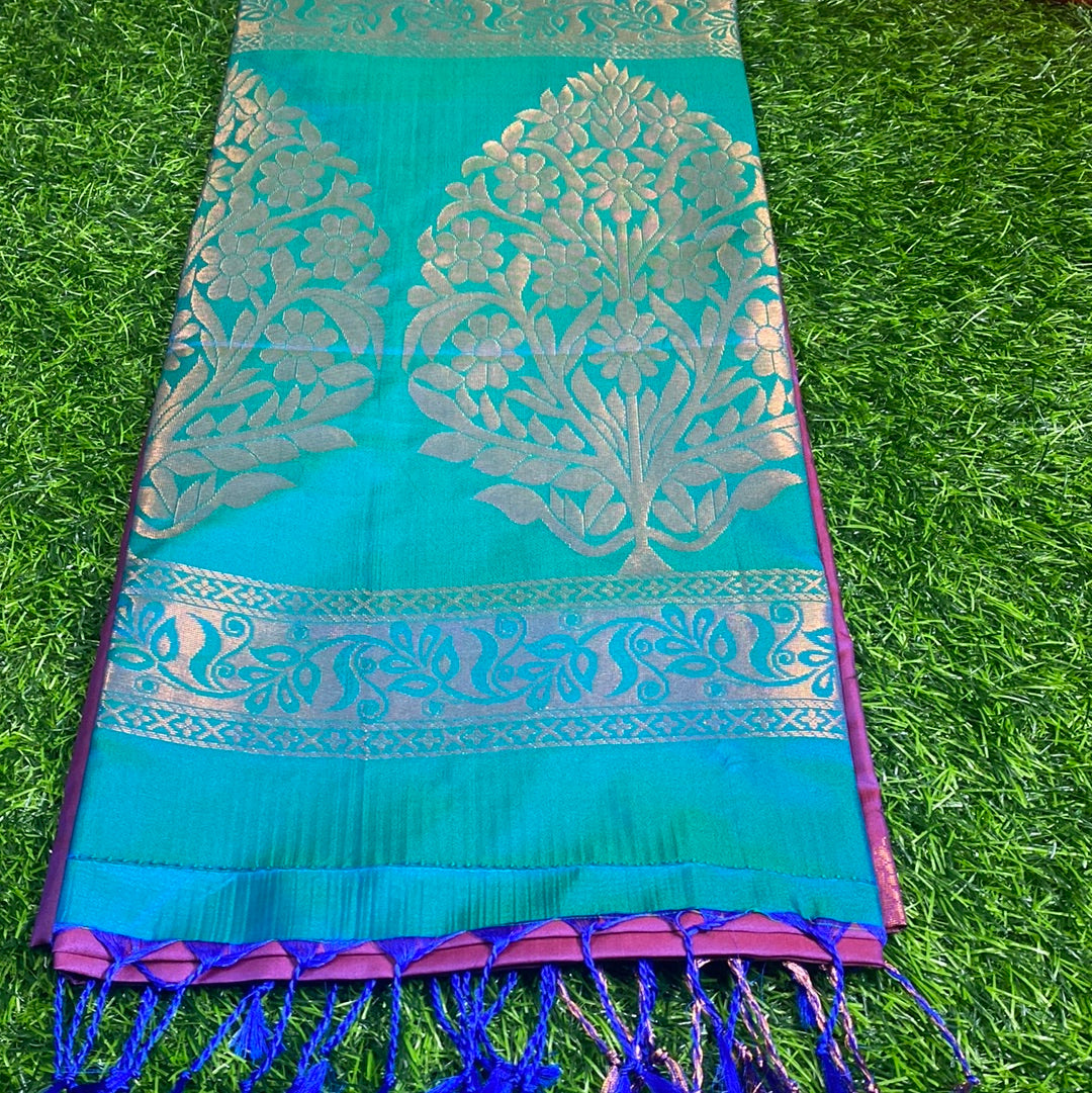 Kanjivaram Tissue Border Soft Silk Sarees (Purple and Green Colour)