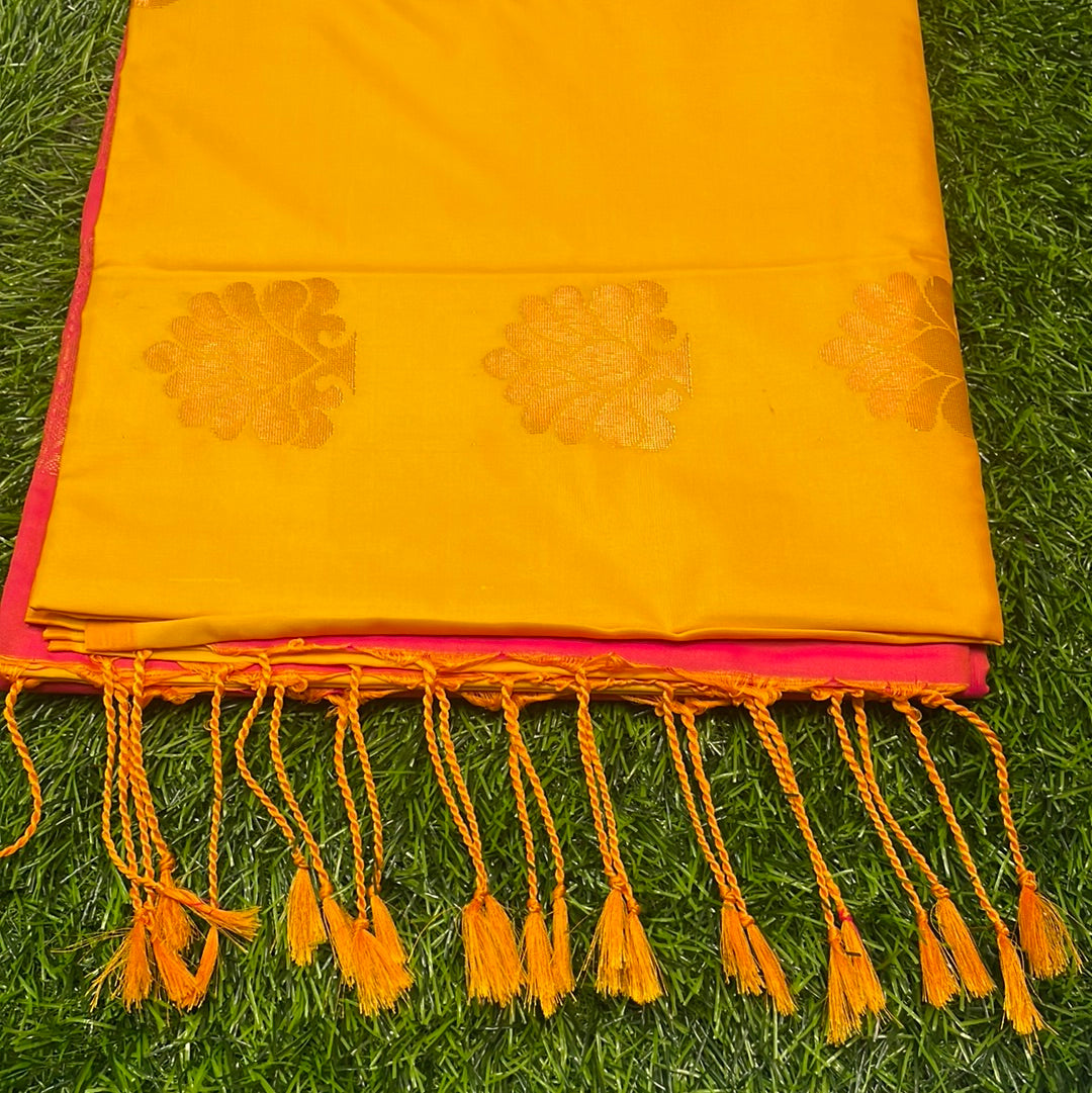 Kanjivaram Tissue Border Soft Silk Sarees (Mustard and Pink)
