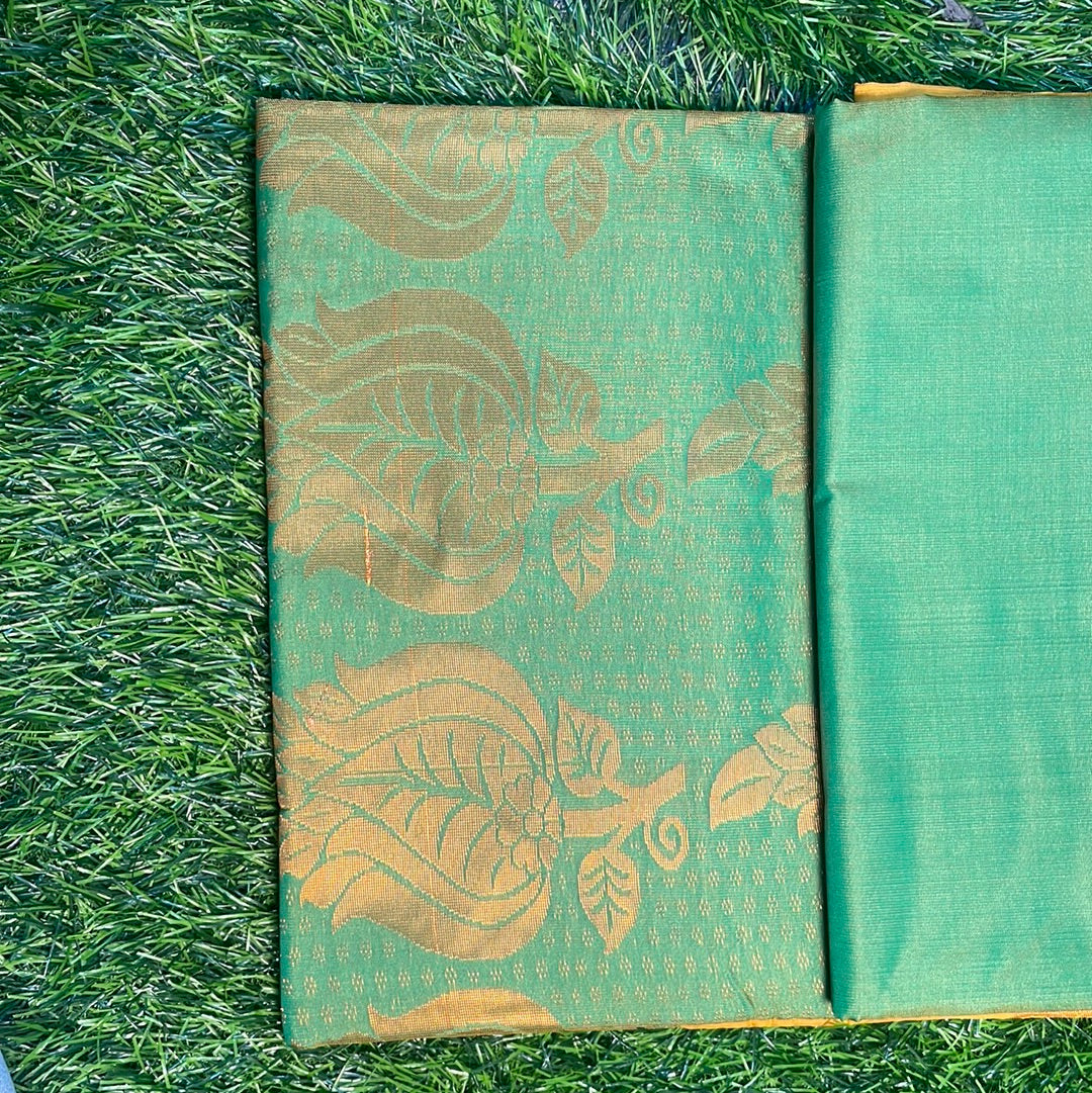 Kanjivaram Tissue Border Soft Silk Sarees (Mustard and Green)