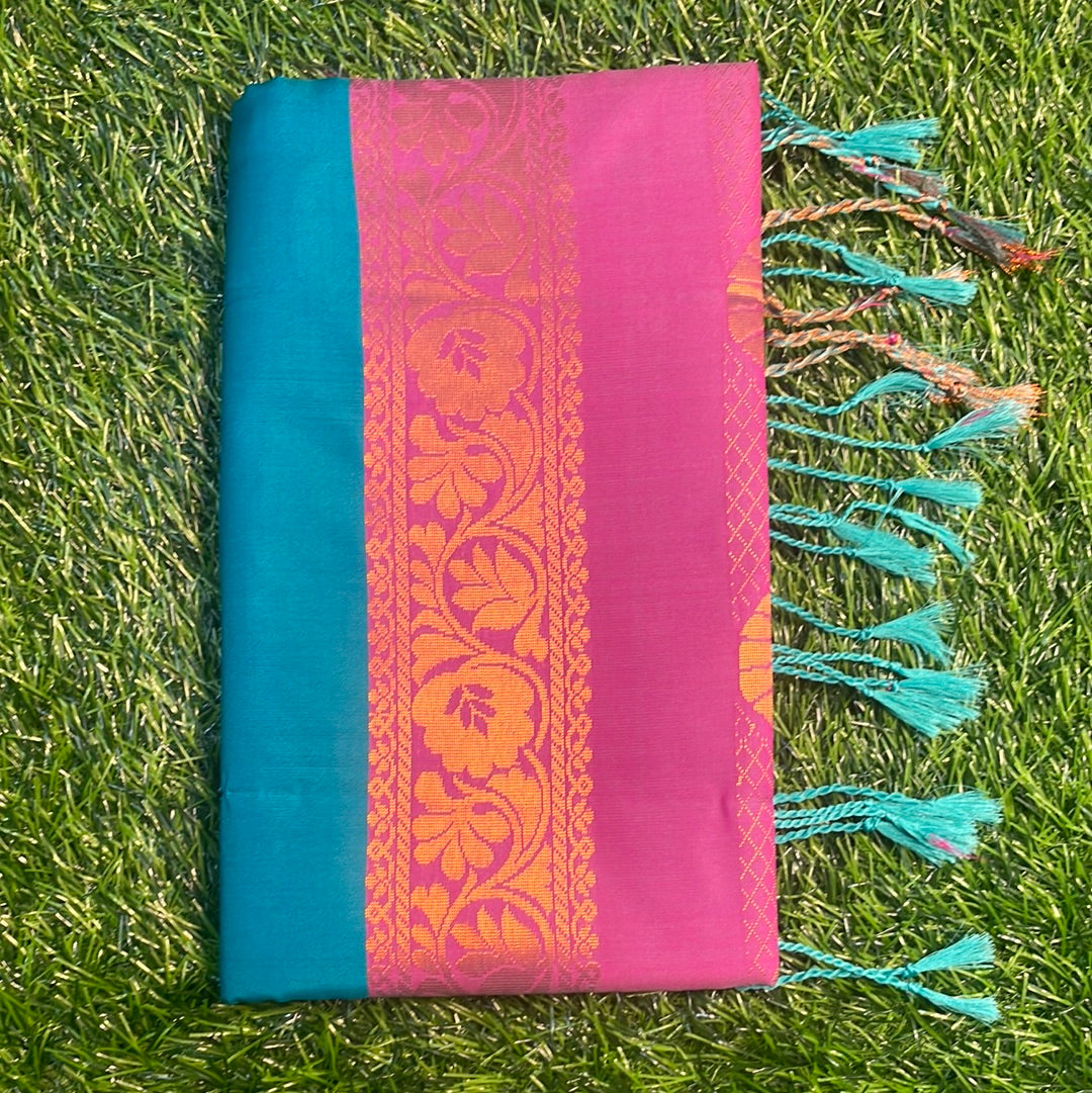 Kanjivaram Tissue Border Soft Silk Sarees (Sea Blue and Light Pink)