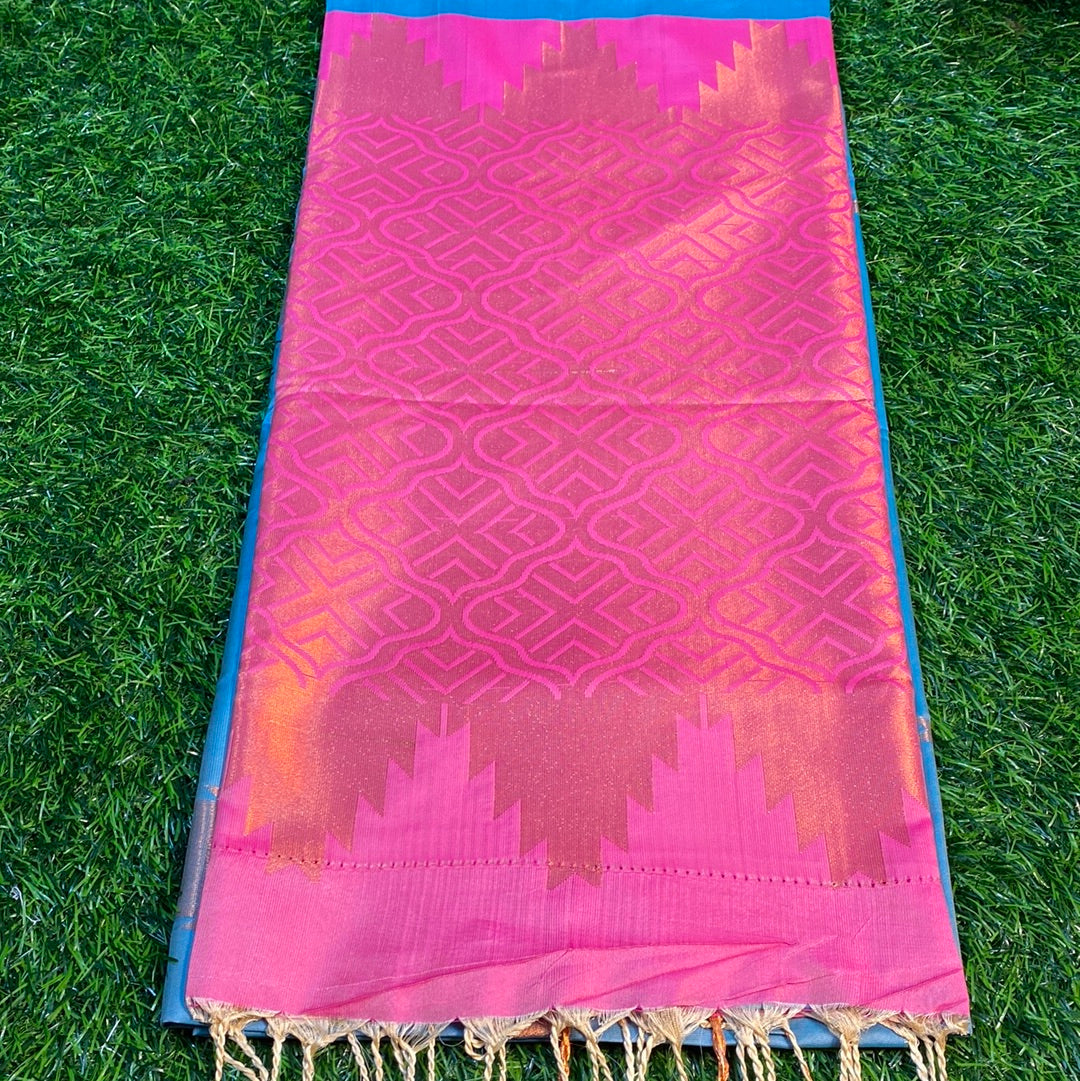 Kanjivaram Tissue Border Soft Silk Sarees (Sea Blue and Pink Colour)