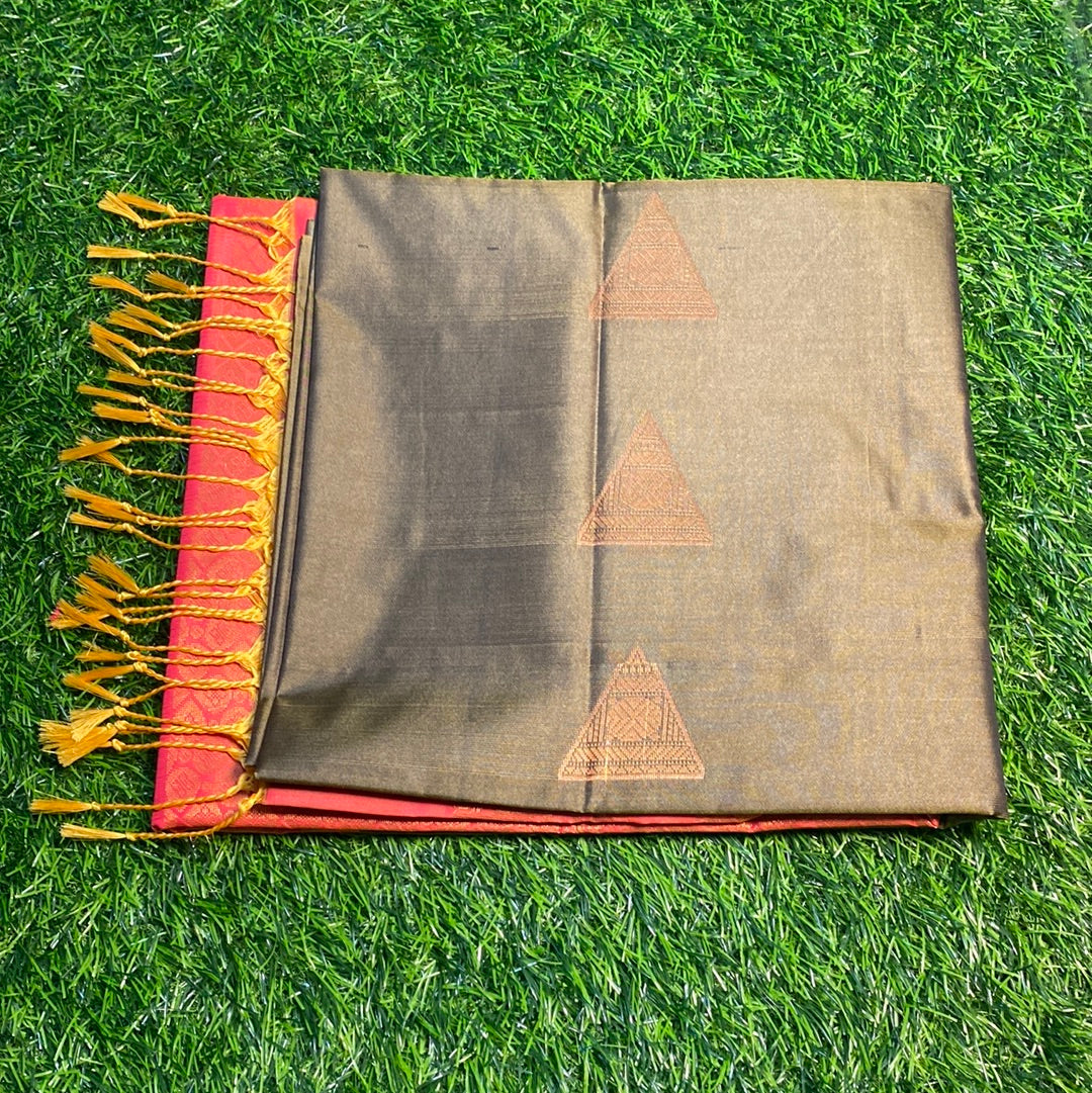 Kanjivaram Tissue Border Soft Silk Sarees (Green and Orange Colour)