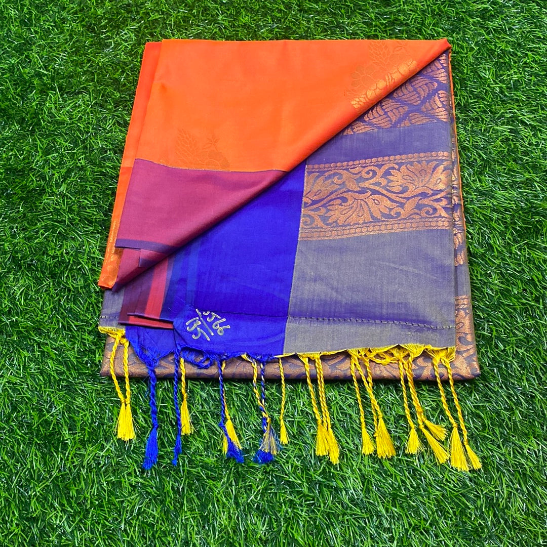Kanjivaram Tissue Border Soft Silk Sarees (Orange and Blue Colour)