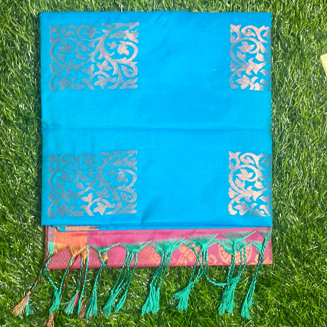 Kanjivaram Tissue Border Soft Silk Saree's (Sea Blue and Pink)