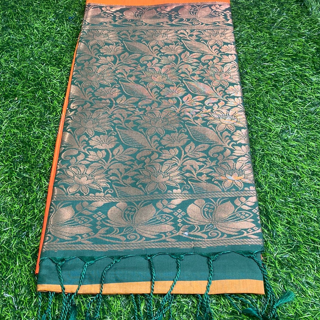 Kanjivaram Tissue Border Soft Silk Sarees (Orange and Green Colour)