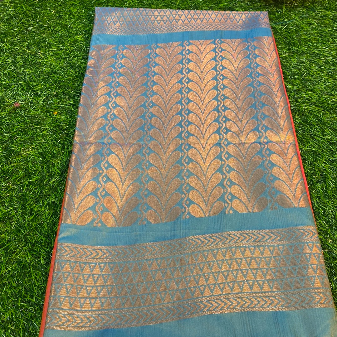 Kanjivaram Tissue Border Soft Silk Sarees (Corel(Light Orange) and Sea Blue Colour)