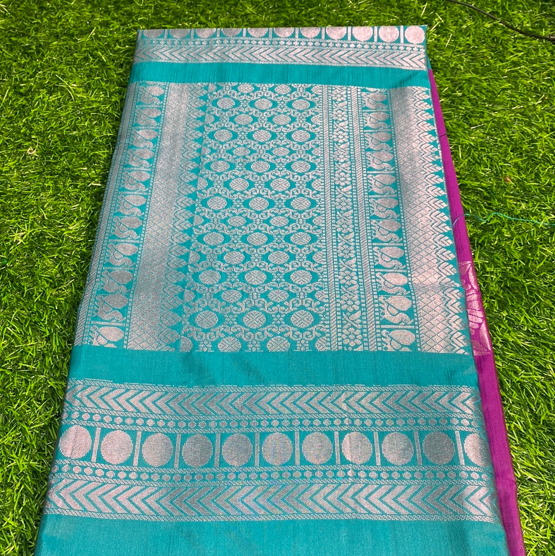 Kanjivaram Tissue Border Soft Silk Sarees (Purple and Sea Green Colour)