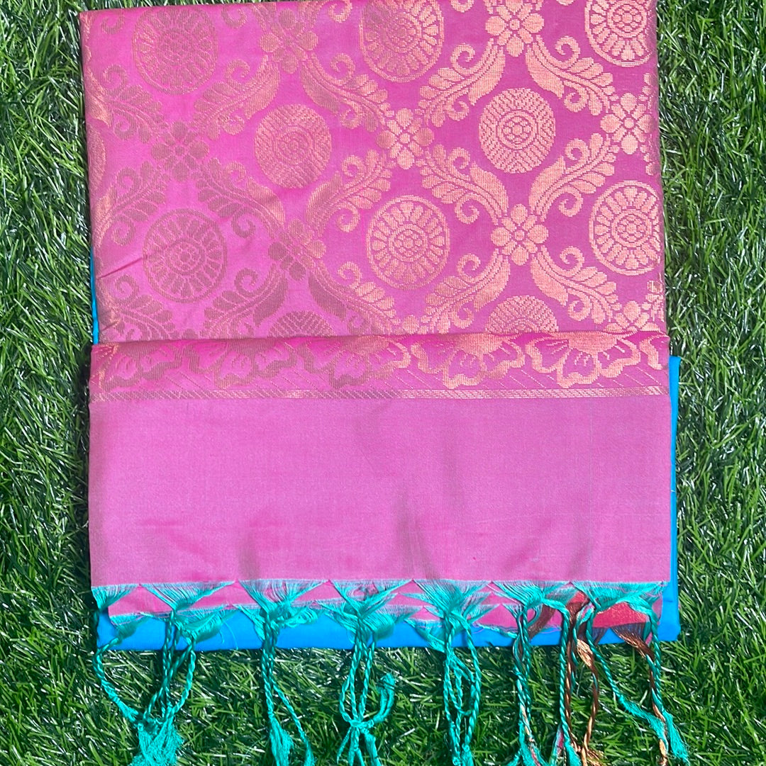 Kanjivaram Tissue Border Soft Silk Saree's (Sea Blue and Pink)