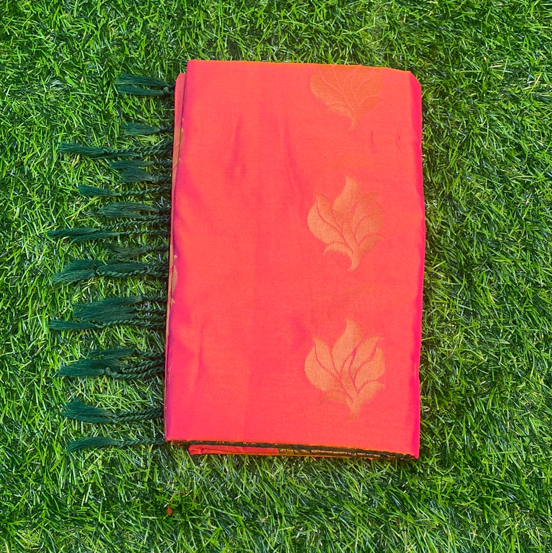 Kanjivaram Tissue Border Soft Silk Sarees (Orange and Green Colour)