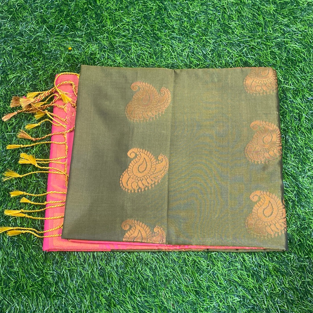 Kanjivaram Tissue Border Soft Silk Saree (Mehandi Green and Pink Colour)