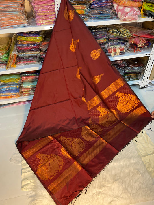 Kanjivaram Tissue Border Soft Silk Saree (Brown)