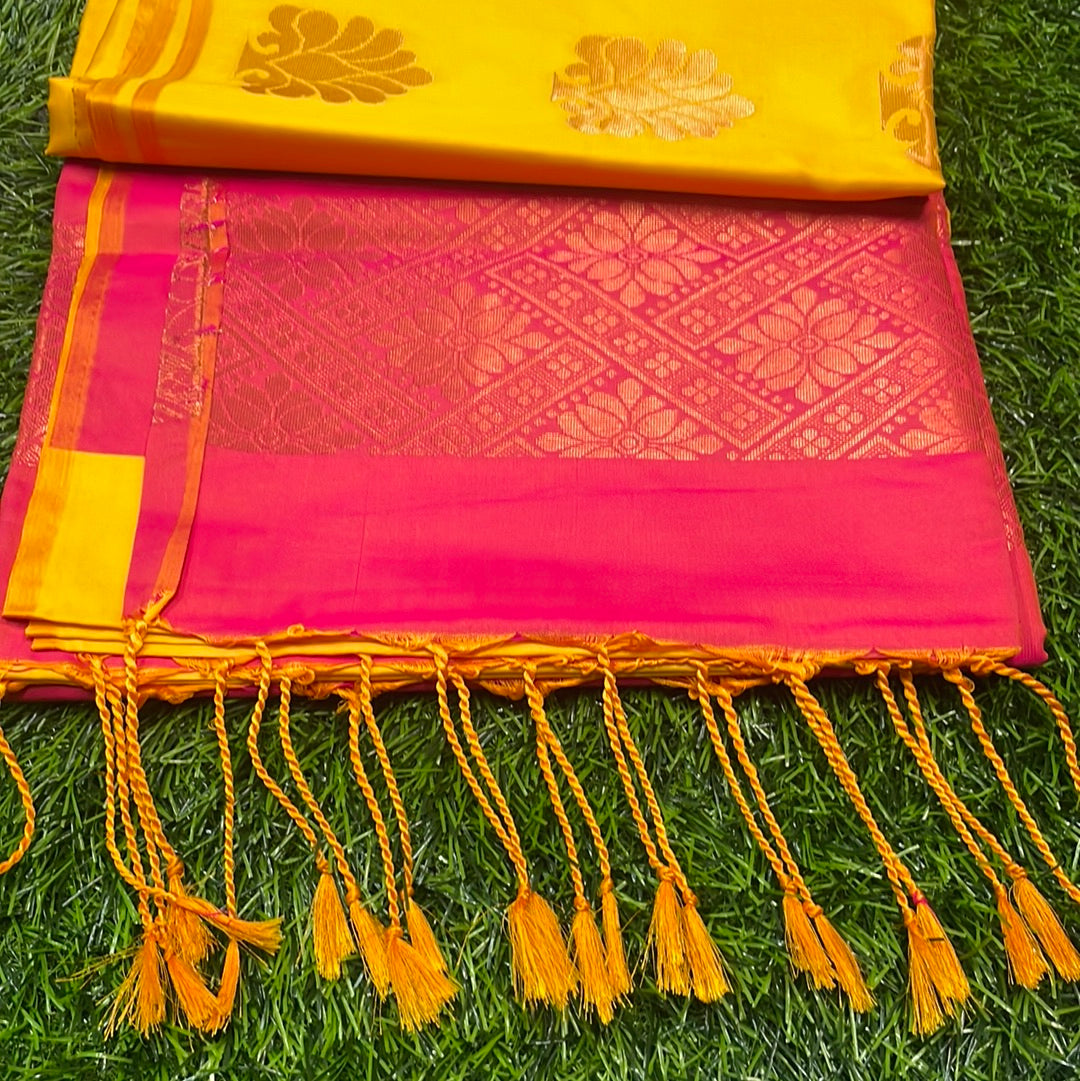 Kanjivaram Tissue Border Soft Silk Sarees (Mustard and Pink)