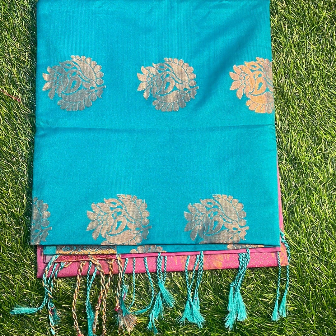 Kanjivaram Tissue Border Soft Silk Sarees (Sea Blue and Light Pink)
