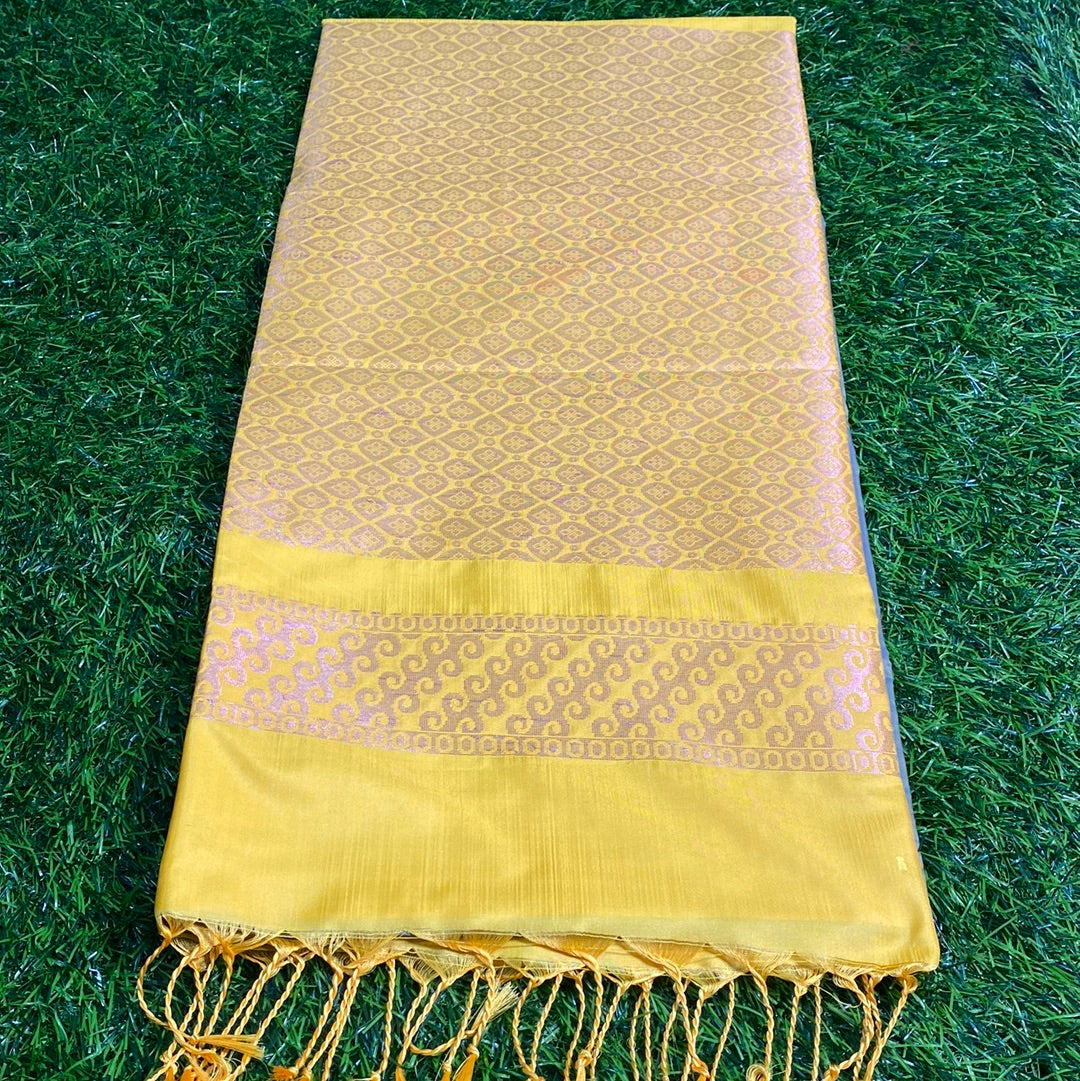 Kanjivaram Tissue Border Soft Silk Sarees (Olive and Yellow Colour)