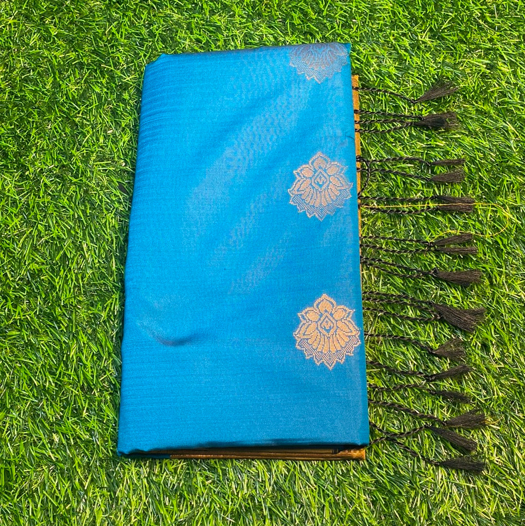 Kanjivaram Tissue Border Soft Silk Sarees (Sea Blue and Mehandi Green Colour)