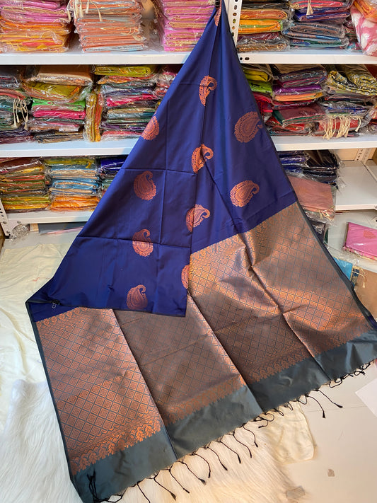 Kanjivaram Tissue Border Soft Silk Sarees (Blue & Grey)