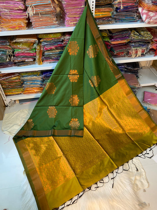 Kanjivaram Tissue Border Soft Silk Sarees (Green & Mustered Yellow)