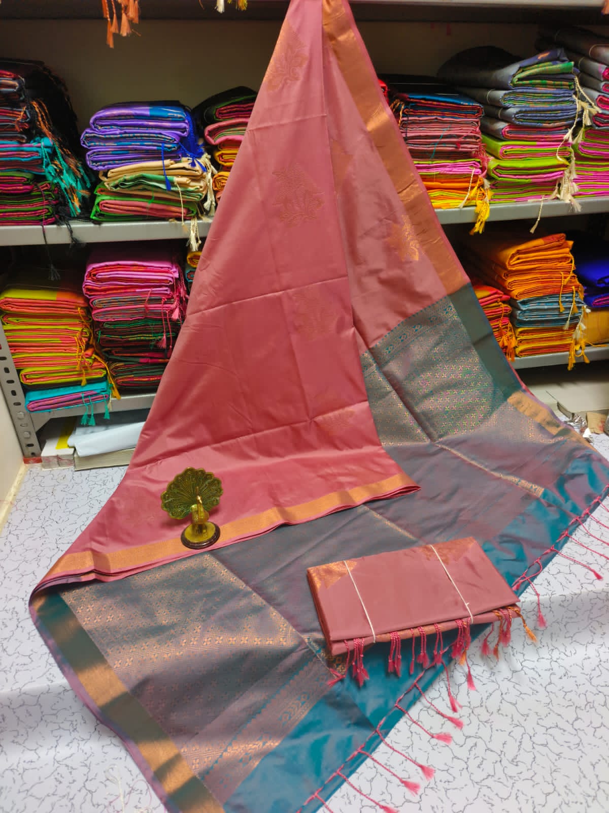 Kanjivaram Tissue Border Soft Silk Sarees (Pink and Purple)