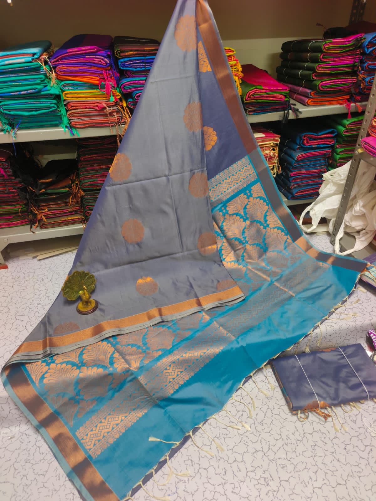 Kanjivaram Tissue Border Soft Silk Saree (Grey and Sea Blue)