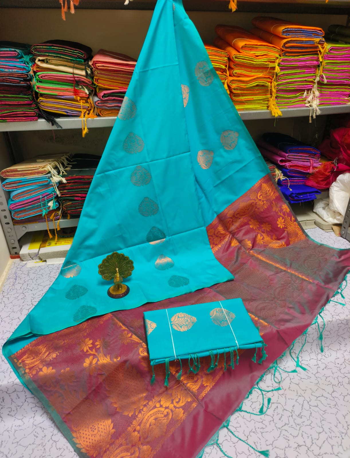 Kanjivaram Tissue Border Soft Silk Sarees (Soft Sea Blue and Red Color)