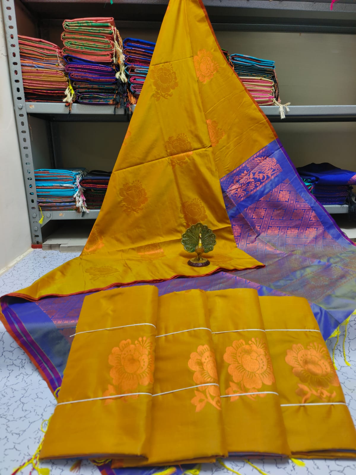 Kanjivaram Tissue Border Soft Silk Sarees (Mustard with Blue)