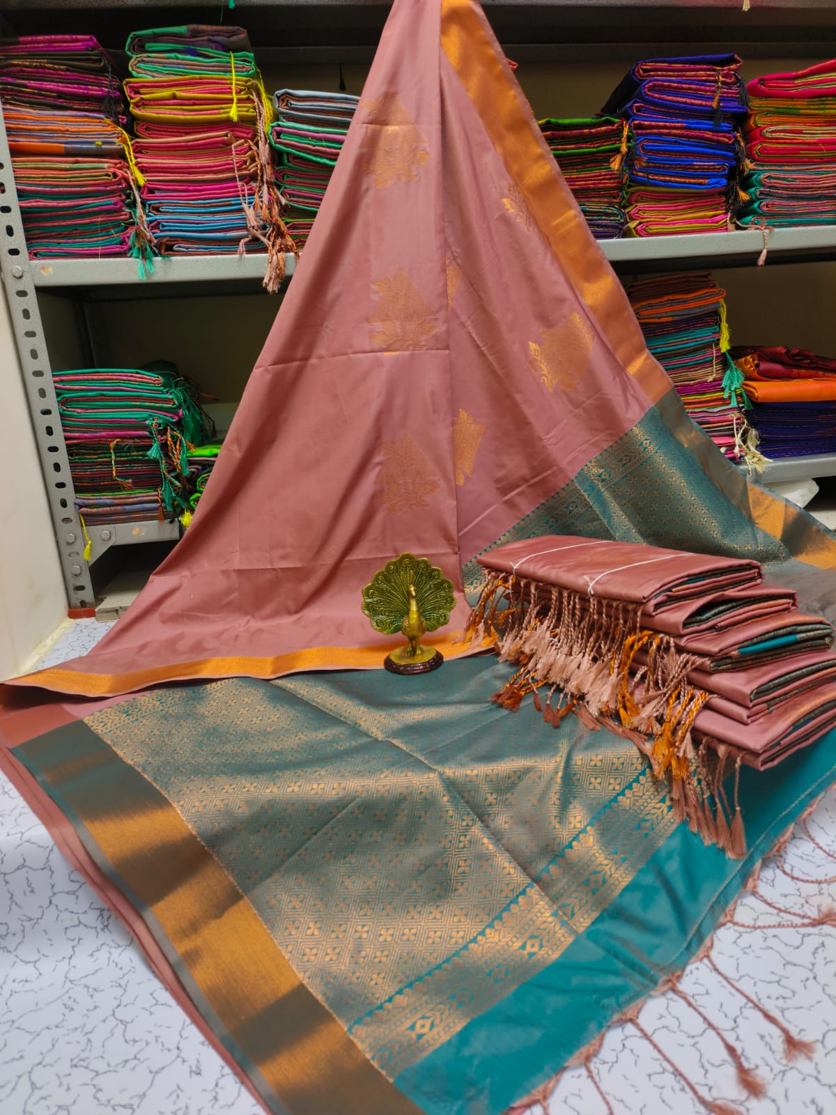 Kanjivaram Tissue Border Soft Silk Sarees (Peach and Sea Blue)