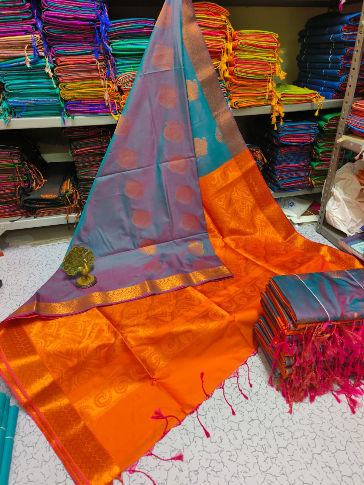 Kanjivaram Tissue Border Soft Silk Sarees (Sea Blue and Orange)