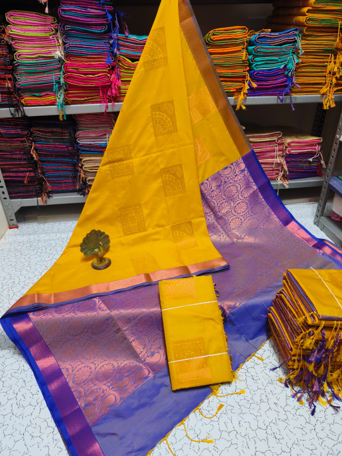Kanjivaram Tissue Border Soft Silk Saree (Mustad Yellow and Purple Colour)