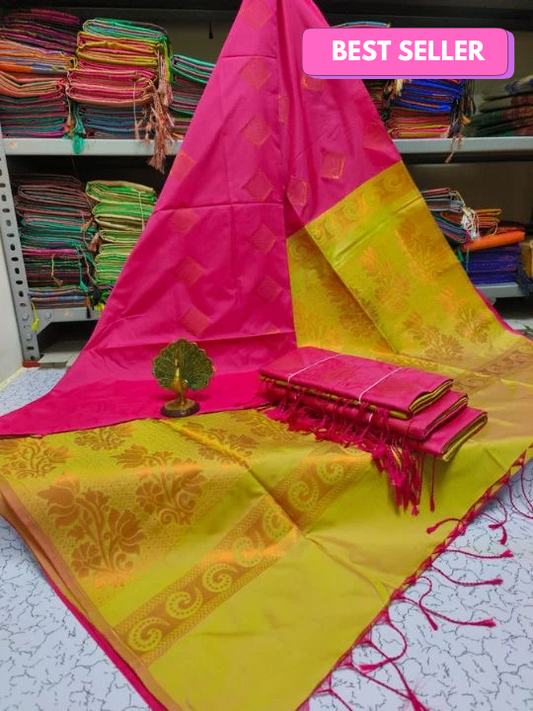 Kanjivaram Tissue Border Soft Silk Saree (Pink & Apple Green)