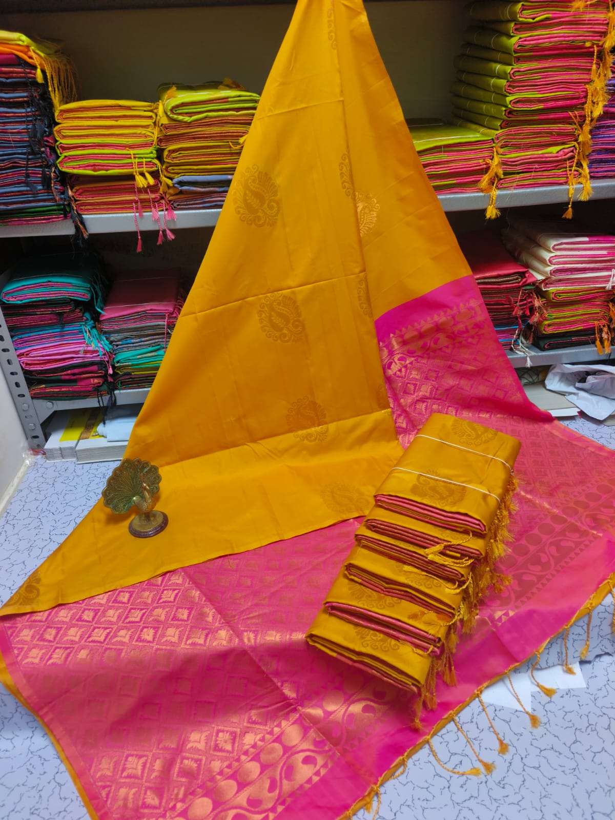 Kanjivaram Tissue Border Soft Silk Sarees (Mustard Yellow and Pink)