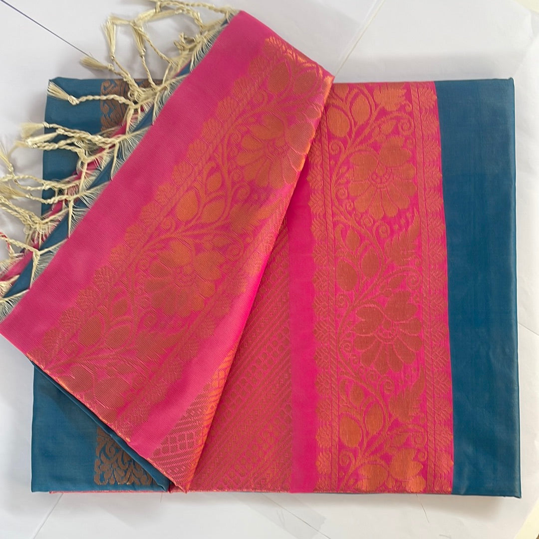 Kanjivaram Tissue Border Soft Silk Sarees (Light Blue and Pink)