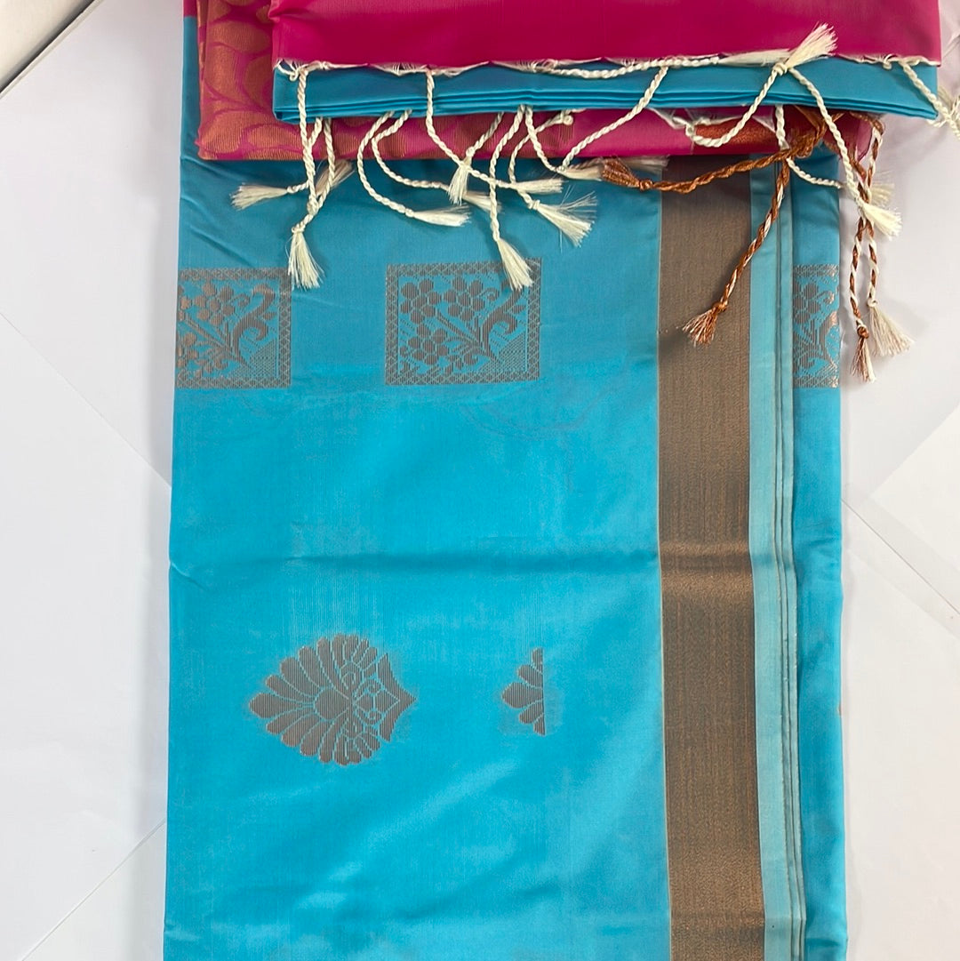 Kanjivaram Tissue Border Soft Silk Sarees (Sea Blue & Pink)