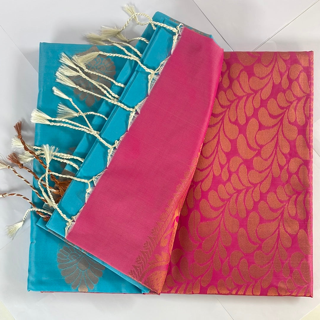 Kanjivaram Tissue Border Soft Silk Sarees (Sea Blue & Pink)