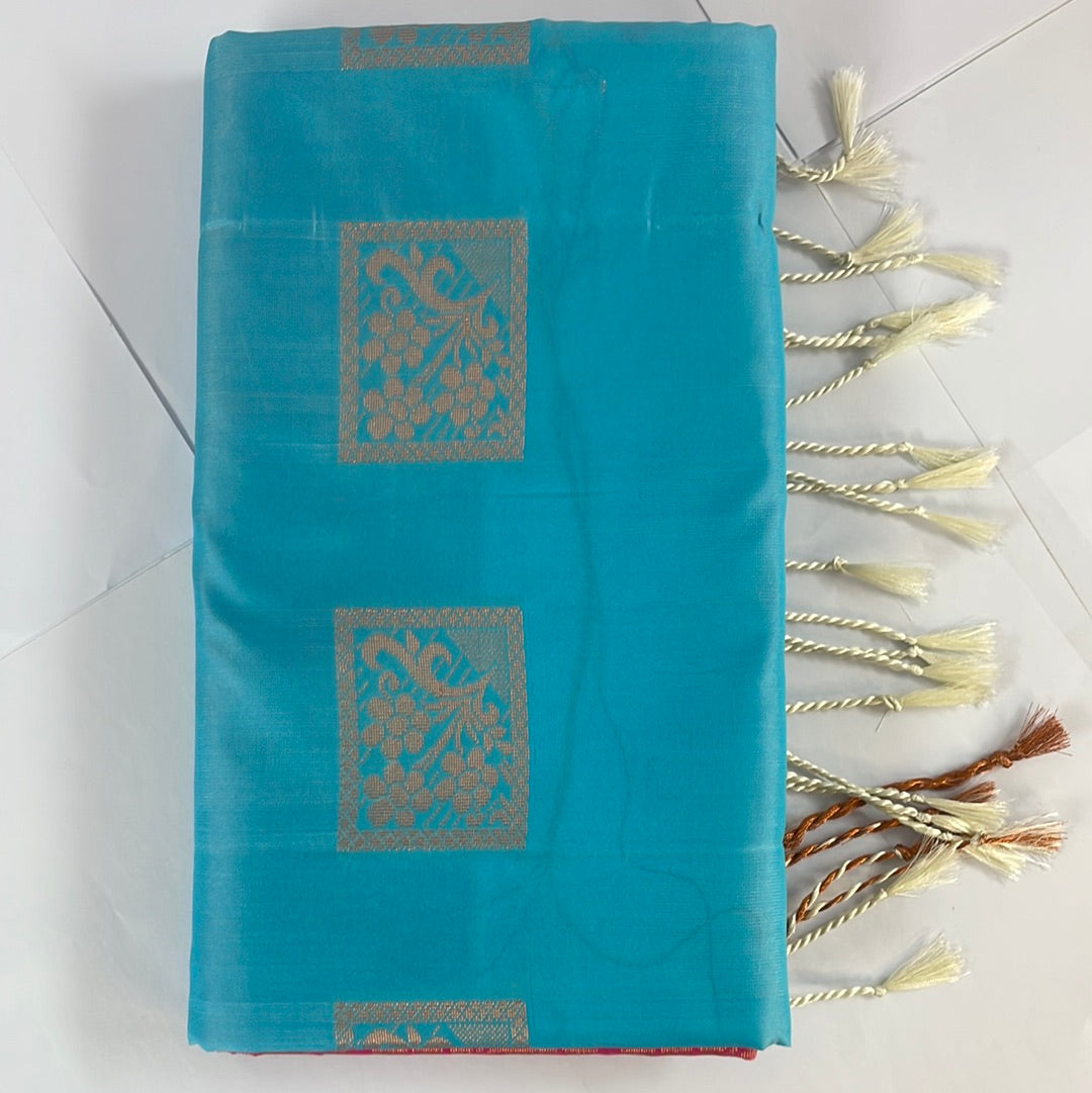 Kanjivaram Tissue Border Soft Silk Sarees (Sea Blue & Pink)