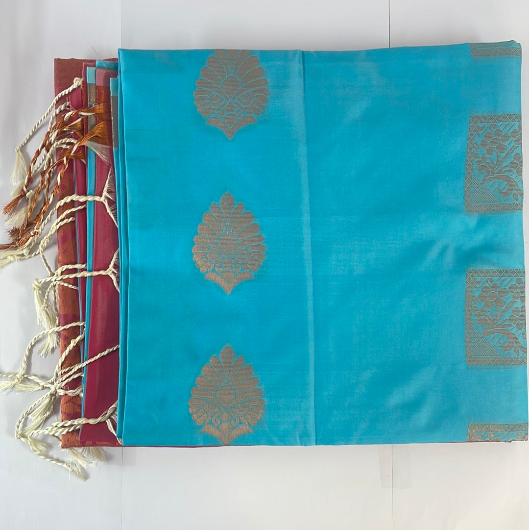 Kanjivaram Tissue Border Soft Silk Sarees (Sea Blue and Light Maroon)