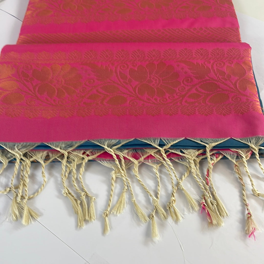 Kanjivaram Tissue Border Soft Silk Sarees (Light Blue and Pink)