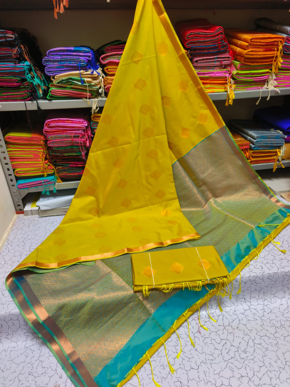 Kanjivaram Tissue Border Soft Silk Sarees (Sea Blue Border and Mustard Color)