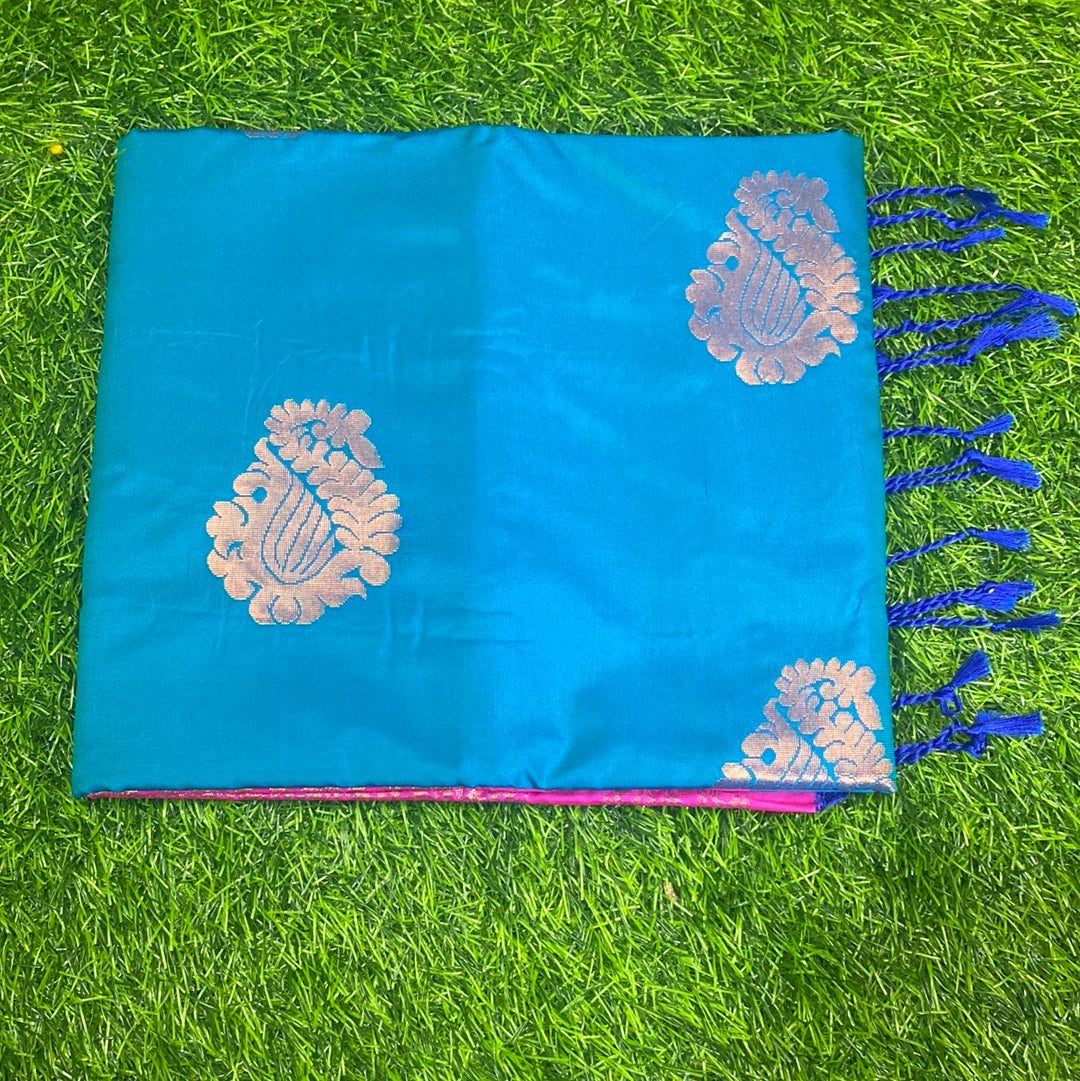 Kanjivaram Tissue Border Soft Silk Sarees (Teal and Pink Colour)