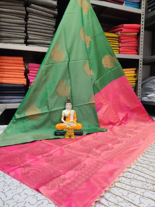 Kanjivaram Tissue Border Soft Silk Sarees (Sea Green and Pink Colour)