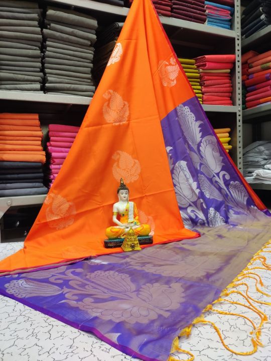 Kanjivaram Tissue Border Soft Silk Sarees (Orange and Purple Colour)