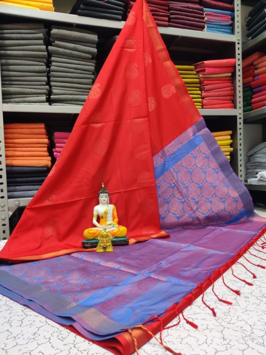 Kanjivaram Tissue Border Soft Silk Sarees (Red and Sea Blue Colour)