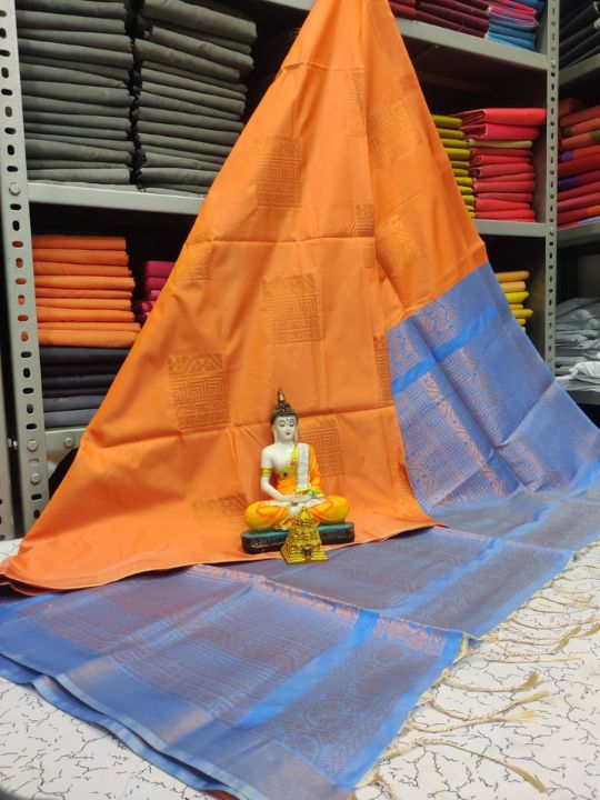 Kanjivaram Tissue Border Soft Silk Sarees (Orange and Sea Blue Colour)