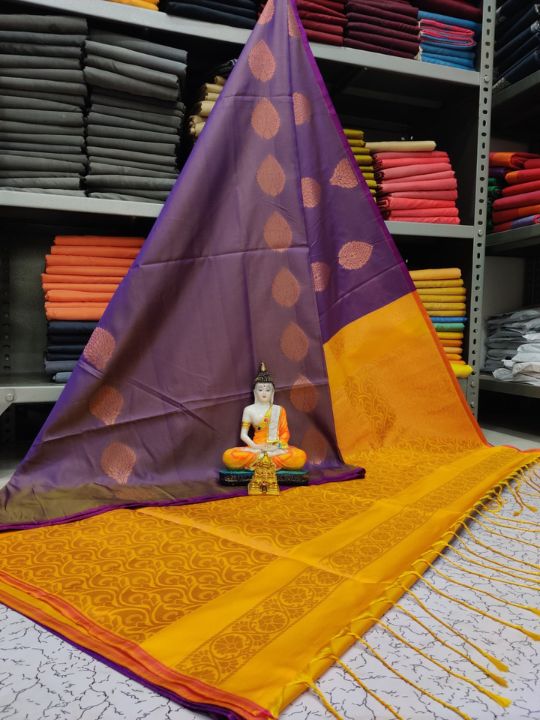Kanjivaram Tissue Border Soft Silk Sarees (Light Purple and Yellow Colour)