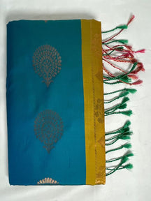Kanjivaram Tissue Border Soft Silk Sarees (Blue and Yellow Colour)