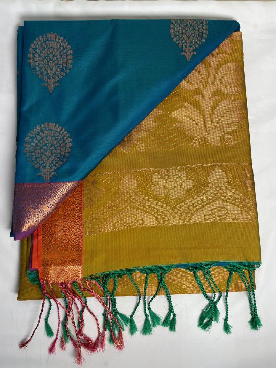 Kanjivaram Tissue Border Soft Silk Sarees (Blue and Yellow Colour)